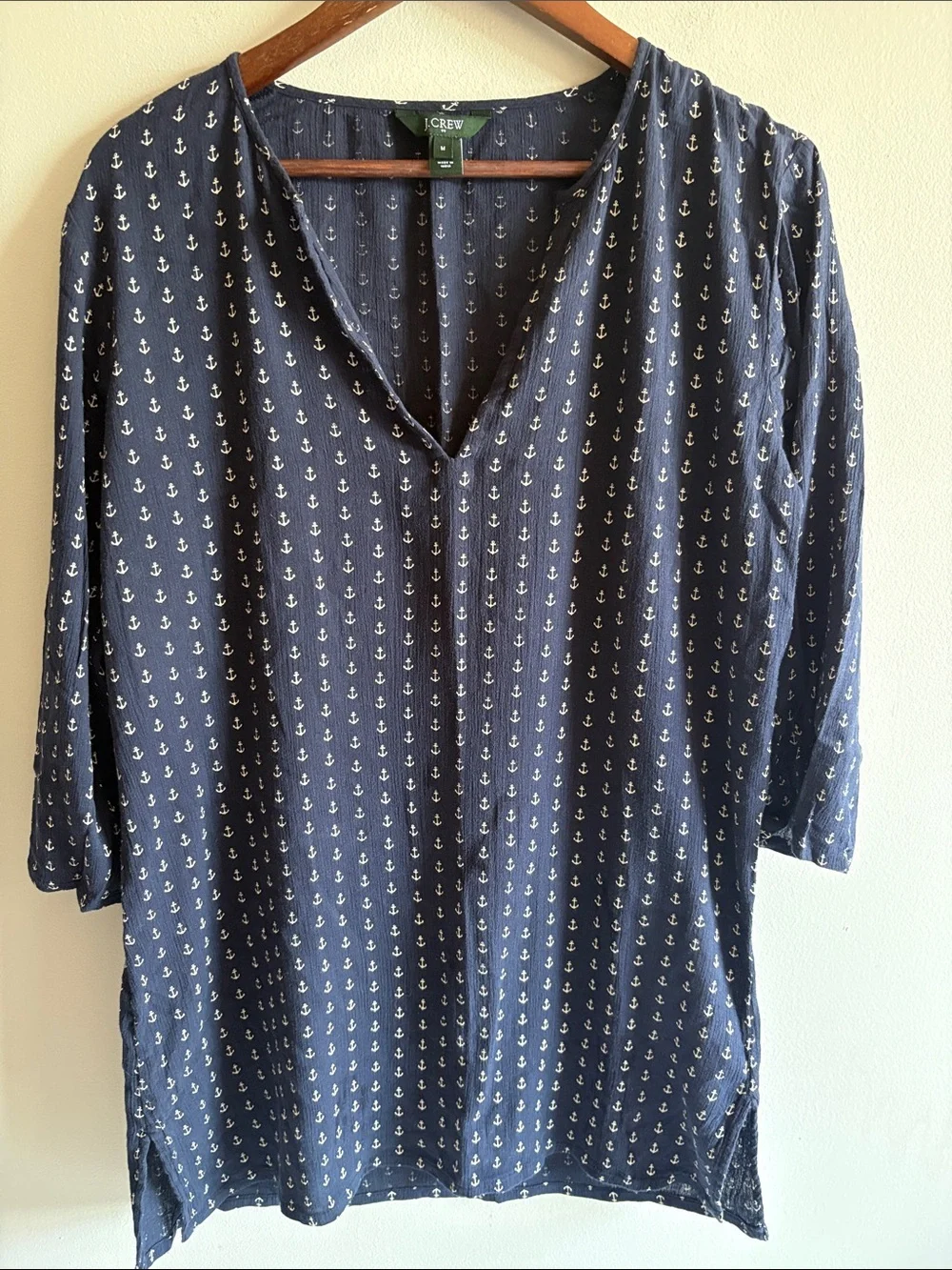 J.Crew Navy Anchor Print Popover Blouse Medium Coastal Nautical 3/4 Sleeve
